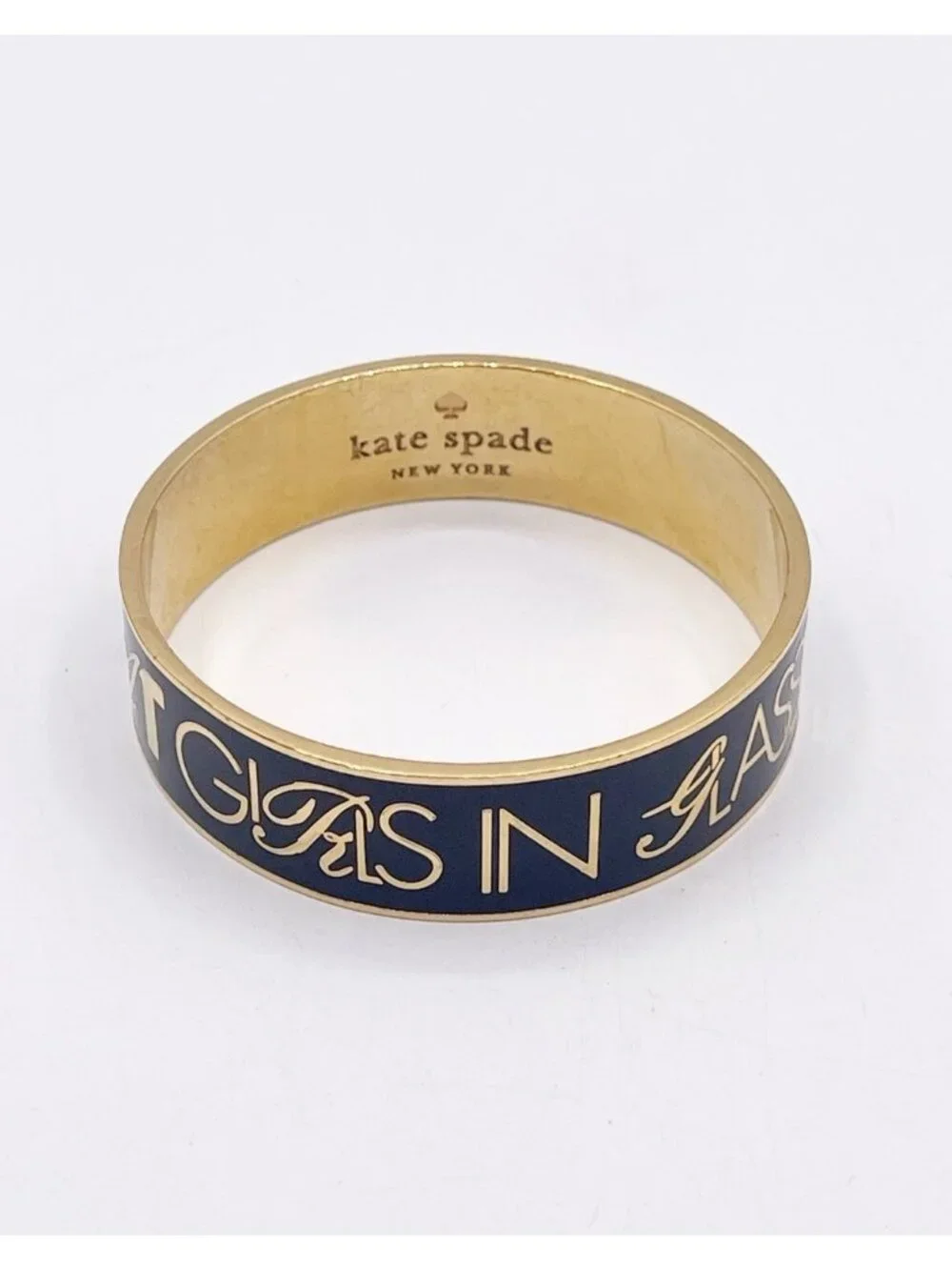 Kate Spade “Boys Make Passes” Gold Tone Black Enamel Wide Idiom Bangle Bracelet - Picture 2 of 5